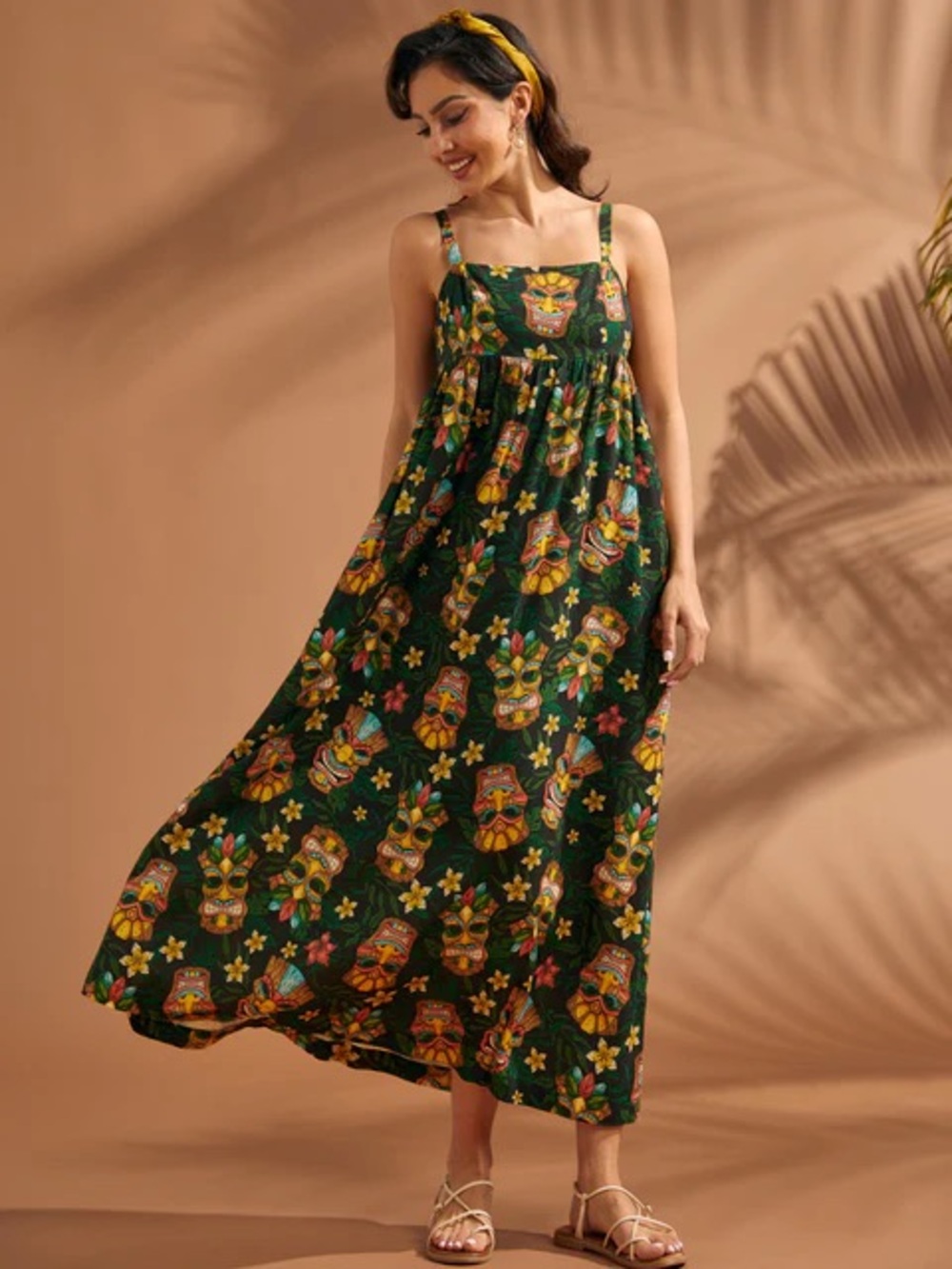 NEW ModCloth Bow Voyage Maxi Dress M Black Linen Tiki Tropical Print Sundress